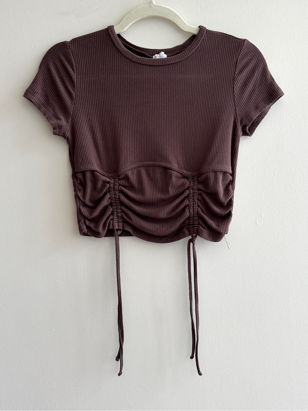 Garage Ribbed Cropped Tie Front Top, Casual Going Out Top, Brown, Size Medium